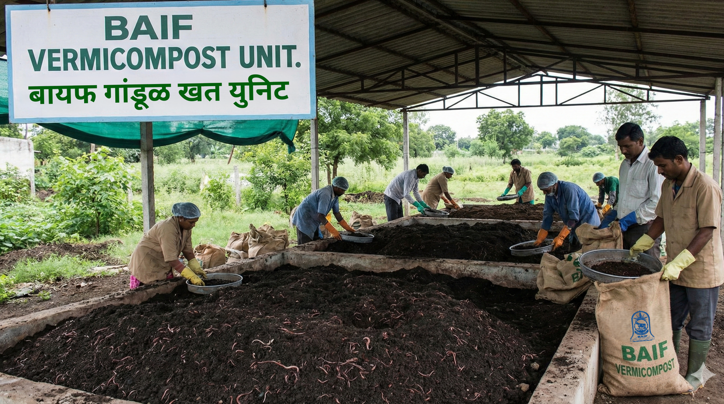 BAIF Vermicompost unit showing workers processing earthworm manure for sustainable farming.