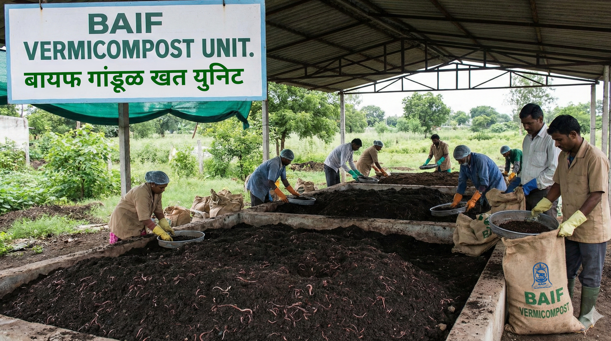 BAIF Vermicompost unit showing workers processing earthworm manure for sustainable farming.