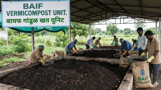 BAIF Vermicompost unit showing workers processing earthworm manure for sustainable farming.