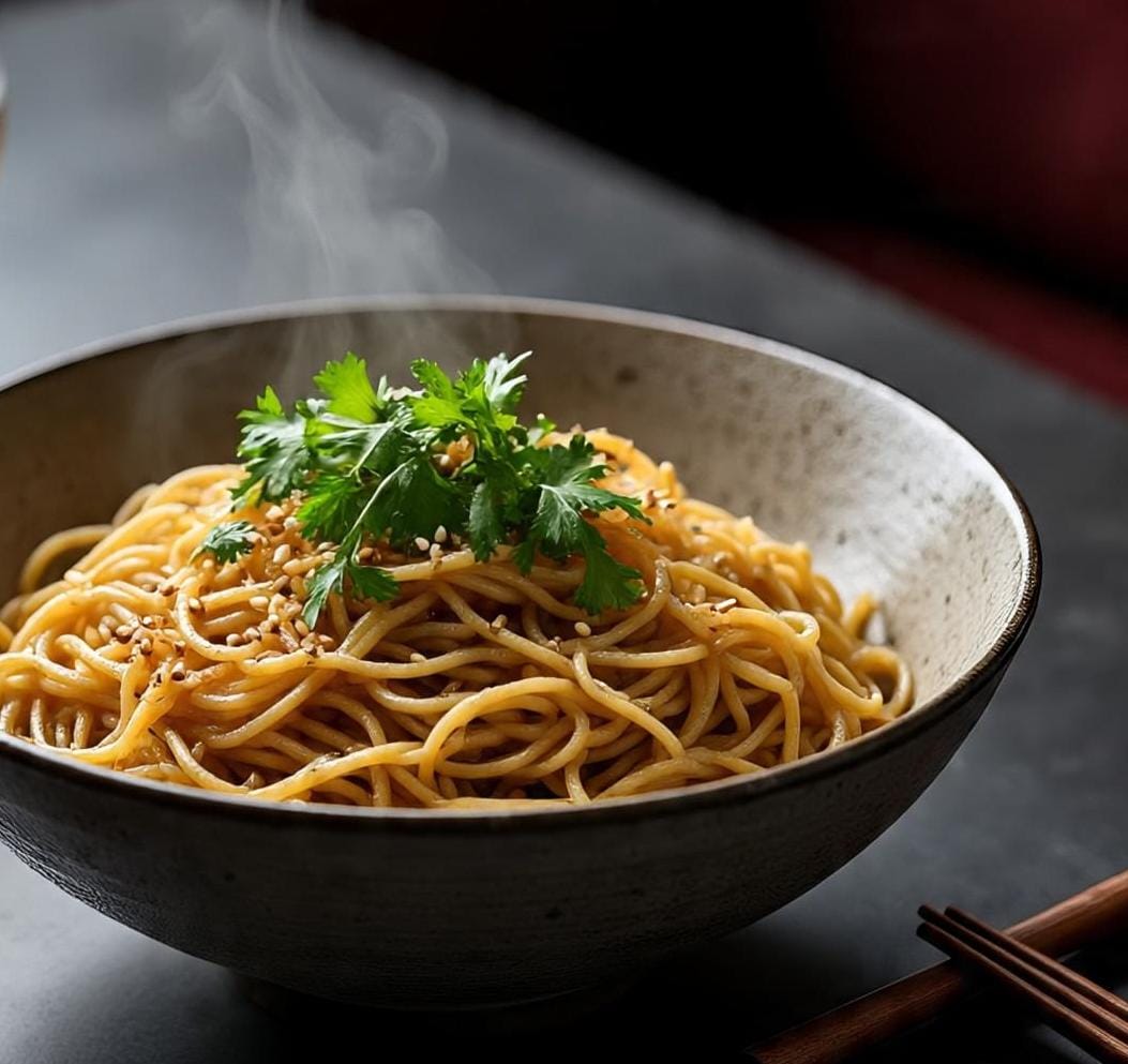 Steaming bowl of Tasty Jowar Noodles with green herbs and sesame seeds on it.